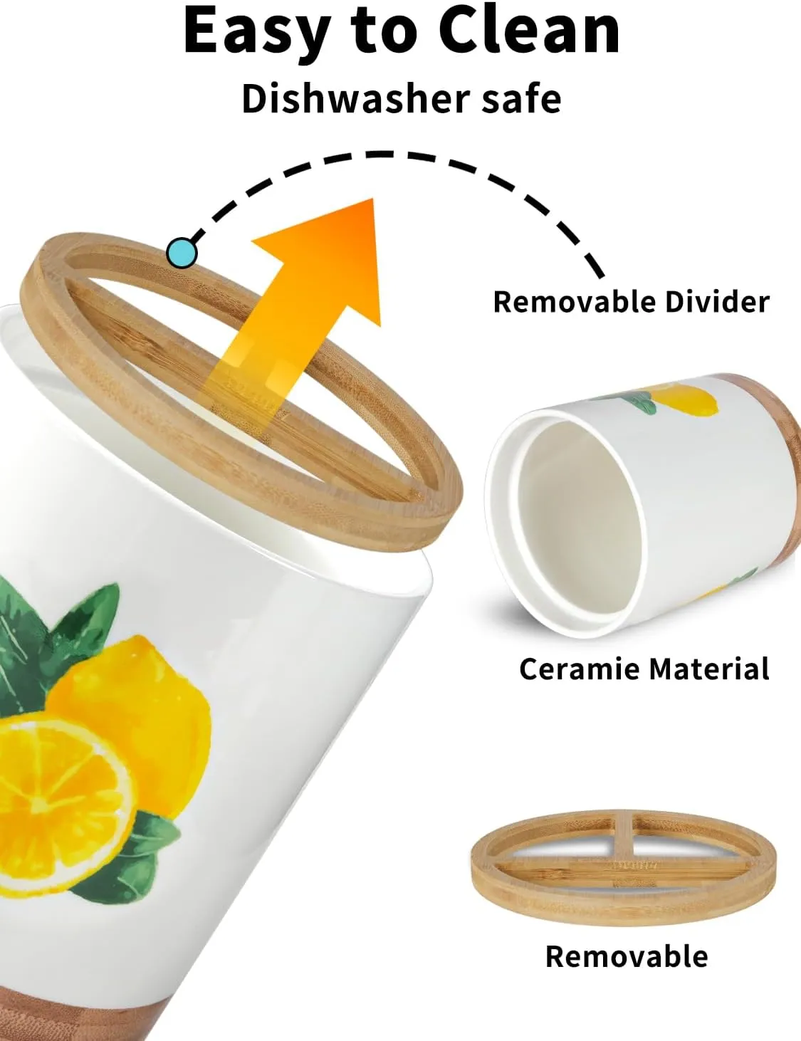 HAPPY KIT 7.6" Extra Large Kitchen Utensil Holder, 360 Rotating, 3 Compartment, Lemon, Ceramic