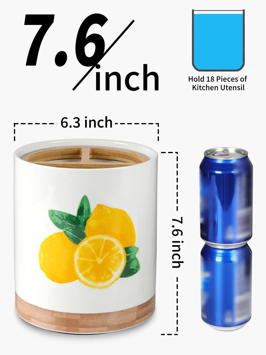 HAPPY KIT 7.6" Extra Large Kitchen Utensil Holder, 360 Rotating, 3 Compartment, Lemon, Ceramic