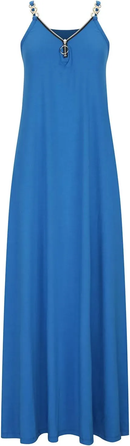 Hawaiian Dresses for Women 2023 Fashion Sleeveless Zipper v Neck Chain Strap Dress Casual Summer Beach Long Sundress
