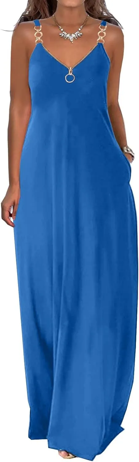 Hawaiian Dresses for Women 2023 Fashion Sleeveless Zipper v Neck Chain Strap Dress Casual Summer Beach Long Sundress