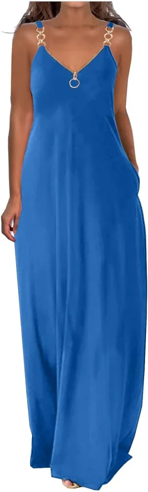 Hawaiian Dresses for Women 2023 Fashion Sleeveless Zipper v Neck Chain Strap Dress Casual Summer Beach Long Sundress