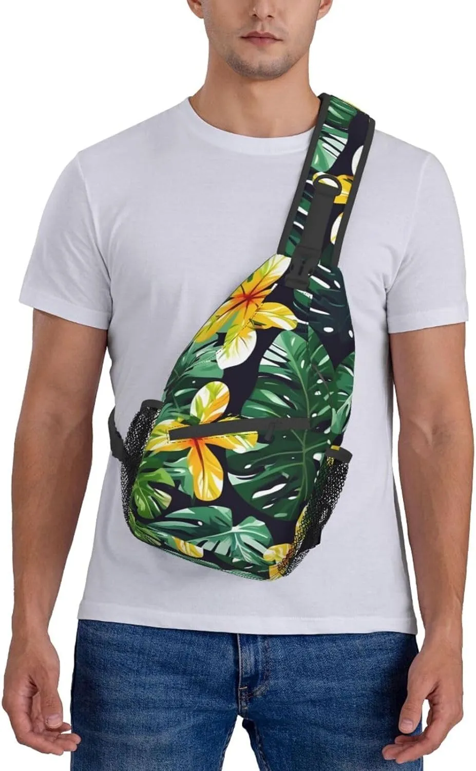 Hawaiian Tropical Leaves Flowers Unisex Casual Diagonal Chest Bag,Multipurpose Crossbody Shoulder Bag Travel Hiking Daypack