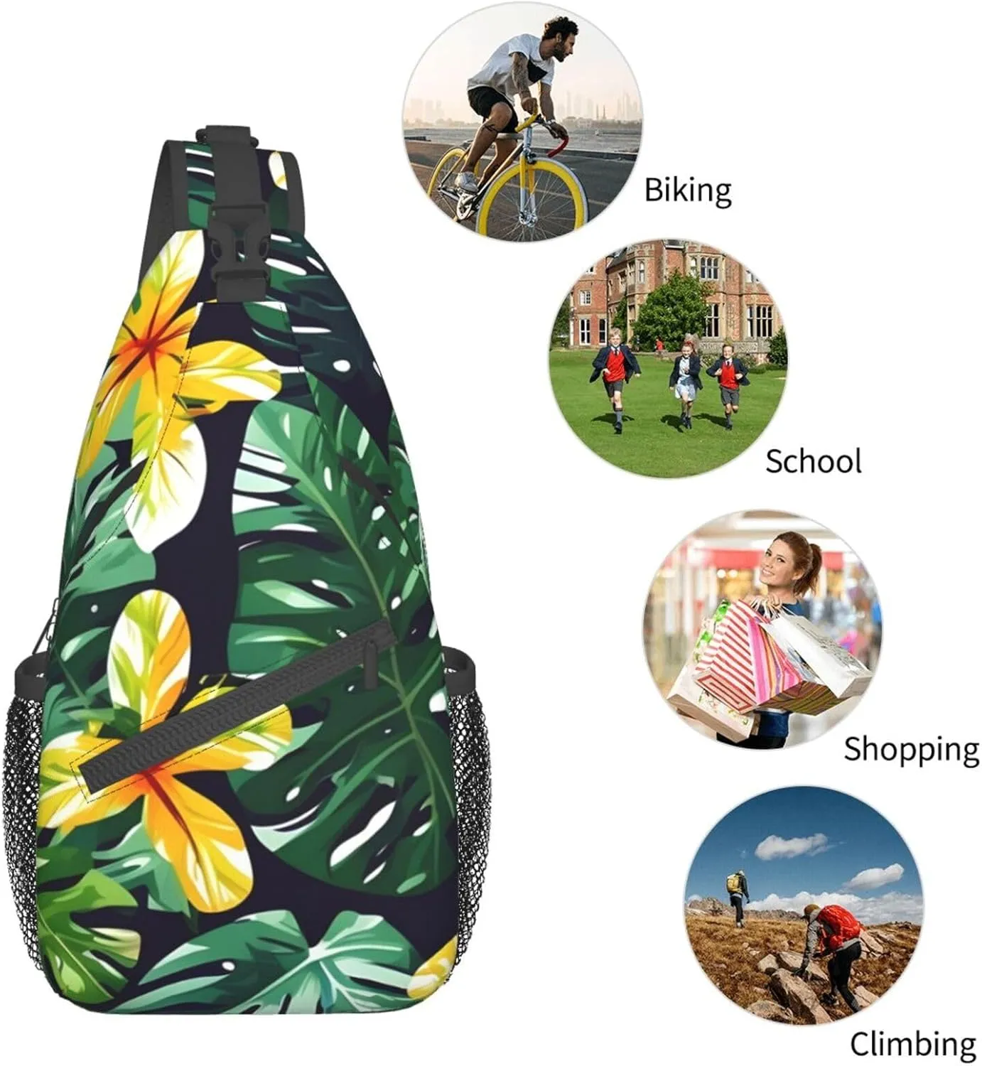 Hawaiian Tropical Leaves Flowers Unisex Casual Diagonal Chest Bag,Multipurpose Crossbody Shoulder Bag Travel Hiking Daypack