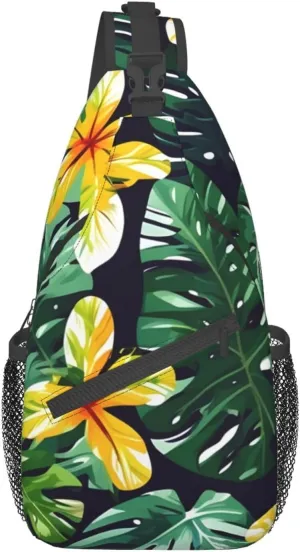 Hawaiian Tropical Leaves Flowers Unisex Casual Diagonal Chest Bag,Multipurpose Crossbody Shoulder Bag Travel Hiking Daypack