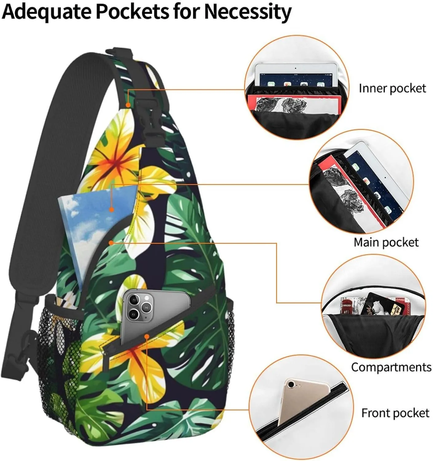 Hawaiian Tropical Leaves Flowers Unisex Casual Diagonal Chest Bag,Multipurpose Crossbody Shoulder Bag Travel Hiking Daypack