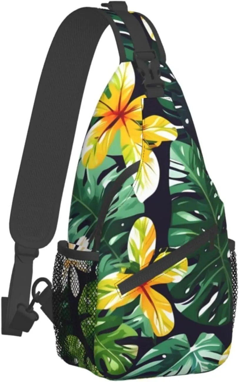 Hawaiian Tropical Leaves Flowers Unisex Casual Diagonal Chest Bag,Multipurpose Crossbody Shoulder Bag Travel Hiking Daypack