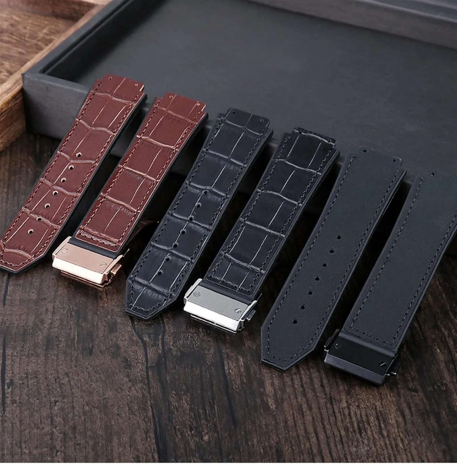 HAZELS 25 * 19mm Real Cow Leather Rubber Watchband for HUBLOT Classic Fusion Universe Big Bang Series Men Belt Watch Band Butterfly Buckl (Color : Black no Buckle, Size : 26-19mm)