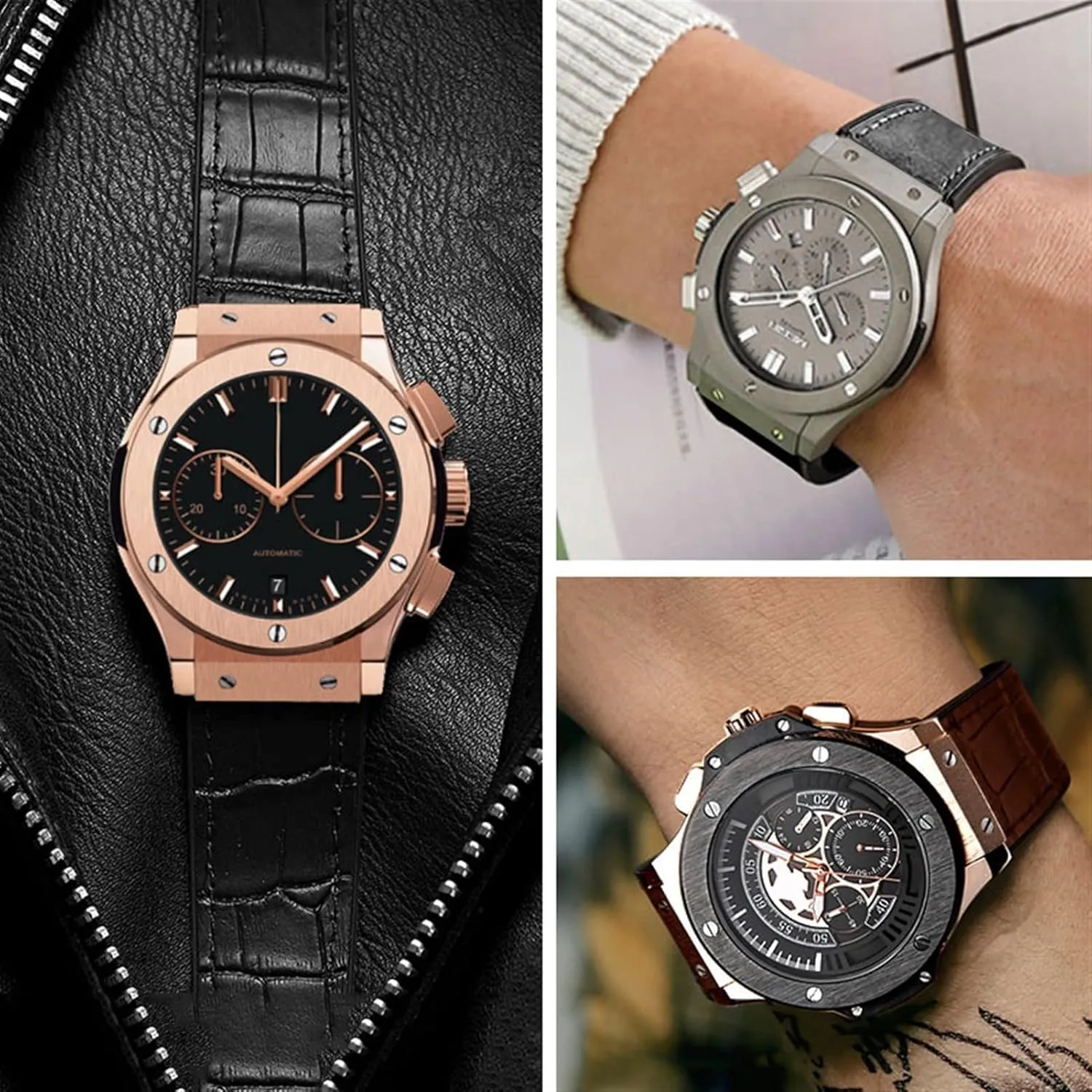 HAZELS 25 * 19mm Real Cow Leather Rubber Watchband for HUBLOT Classic Fusion Universe Big Bang Series Men Belt Watch Band Butterfly Buckl (Color : Black no Buckle, Size : 26-19mm)