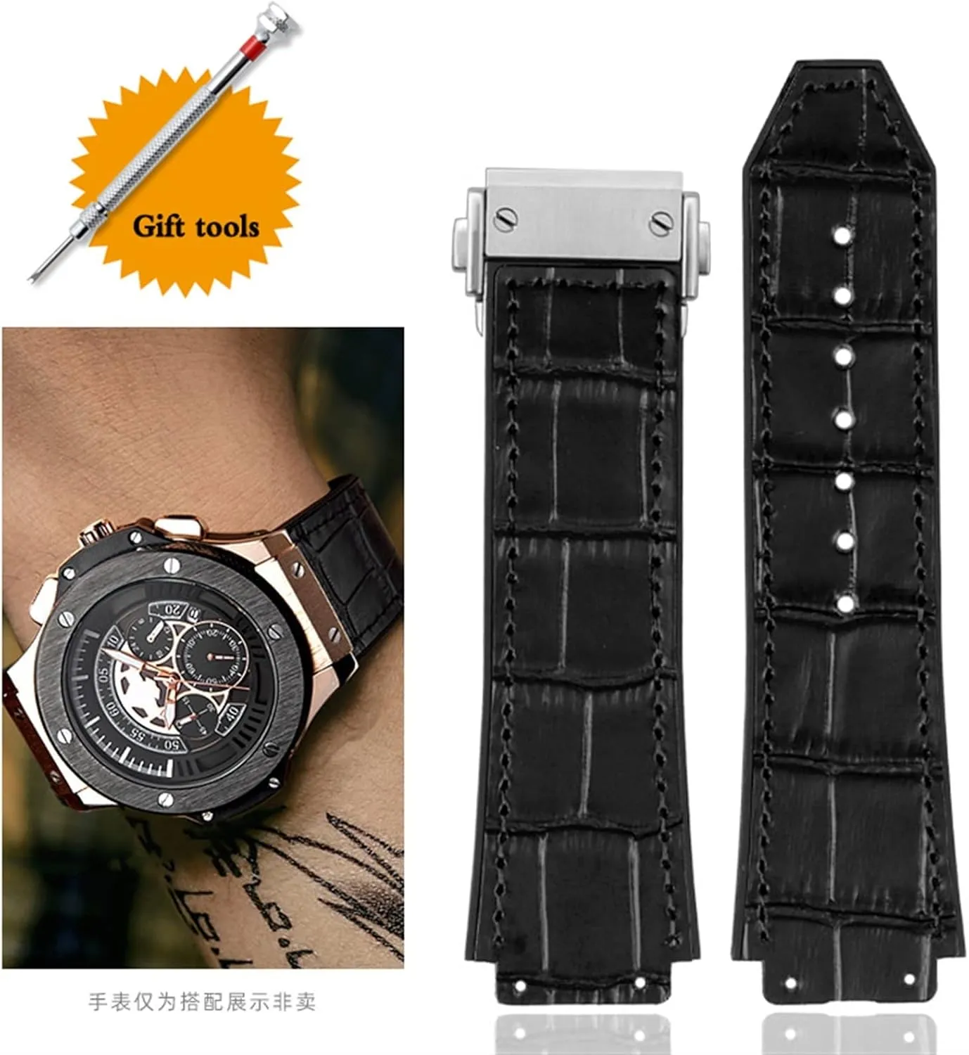HAZELS 25 * 19mm Real Cow Leather Rubber Watchband for HUBLOT Classic Fusion Universe Big Bang Series Men Belt Watch Band Butterfly Buckl (Color : Black no Buckle, Size : 26-19mm)