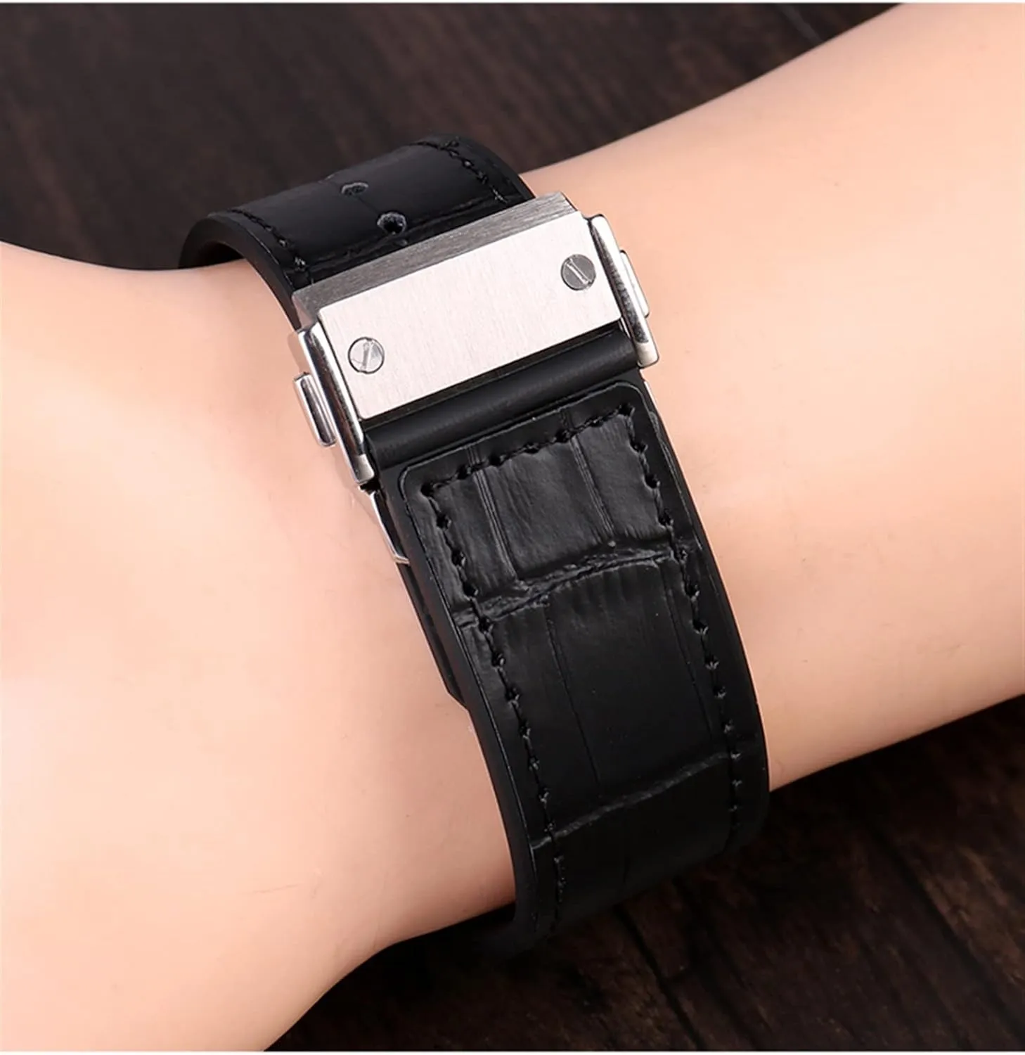 HAZELS 25 * 19mm Real Cow Leather Rubber Watchband for HUBLOT Classic Fusion Universe Big Bang Series Men Belt Watch Band Butterfly Buckl (Color : Black no Buckle, Size : 26-19mm)