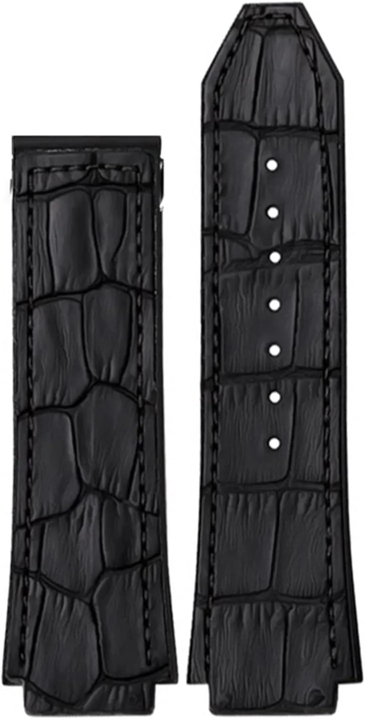 HAZELS 25 * 19mm Real Cow Leather Rubber Watchband for HUBLOT Classic Fusion Universe Big Bang Series Men Belt Watch Band Butterfly Buckl (Color : Black no Buckle, Size : 26-19mm)