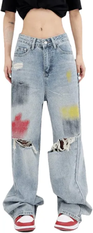 HBER Baggy Ripped Jeans for Teen Girls Women High Waisted Wide Leg Straight Distressed Denim Streetwear Fashion Pants, Bb-blue
