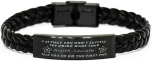 Health Educator Braided Leather Bracelet, If at first you don't succeed, try doing what your athletic trainer told you to do the first time., Laser Engraved, Stainless Steel Wristband