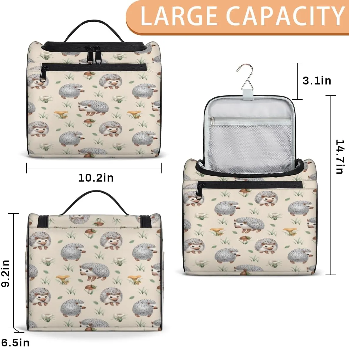 Hedgehogs Hanging Toiletry Bag for Men Women Travel Cosmetic Makeup Organizer Bag Water Resistant Large Portable Wash Case for Accessories, Toiletries, Cosmetics