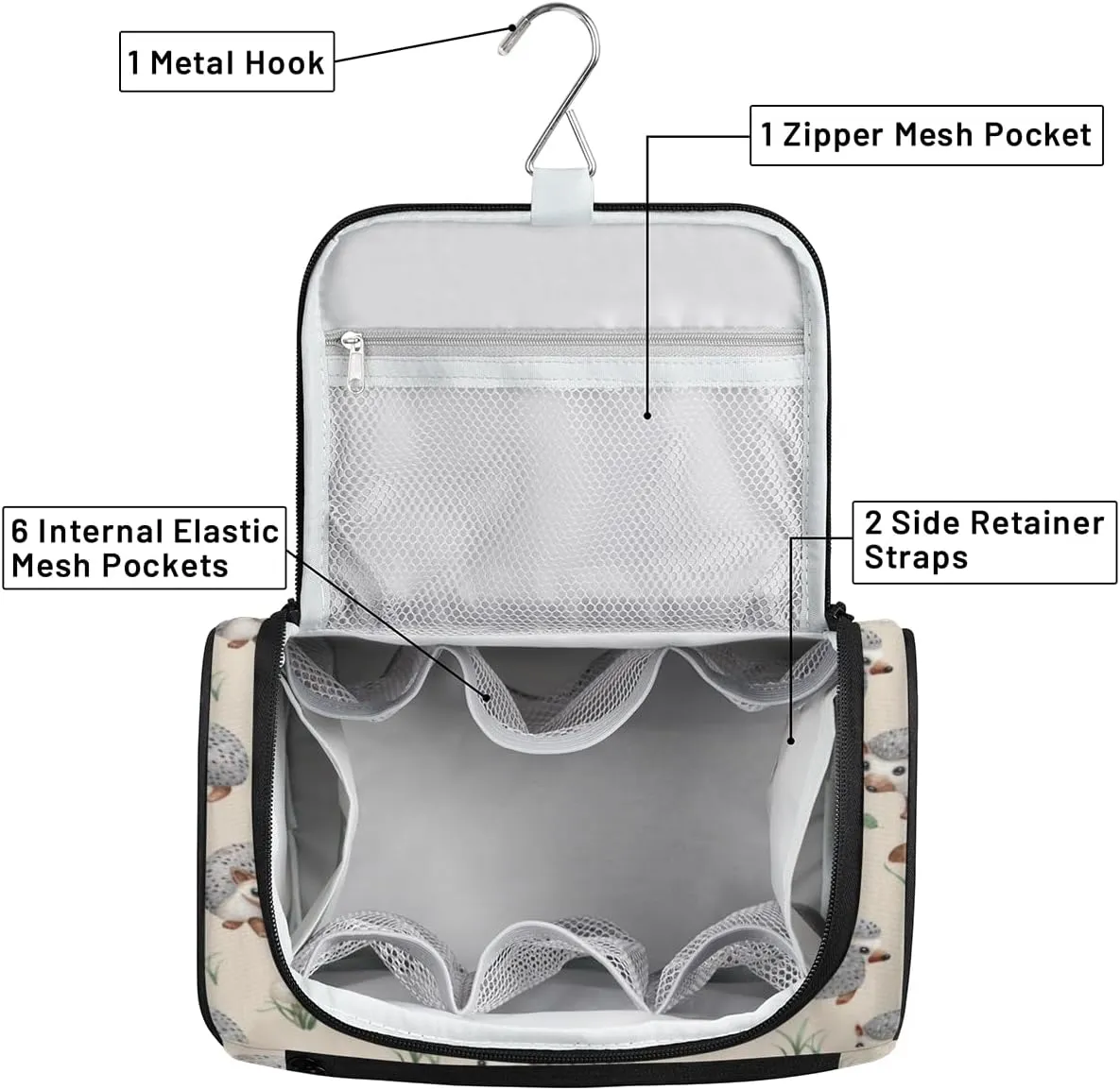 Hedgehogs Hanging Toiletry Bag for Men Women Travel Cosmetic Makeup Organizer Bag Water Resistant Large Portable Wash Case for Accessories, Toiletries, Cosmetics