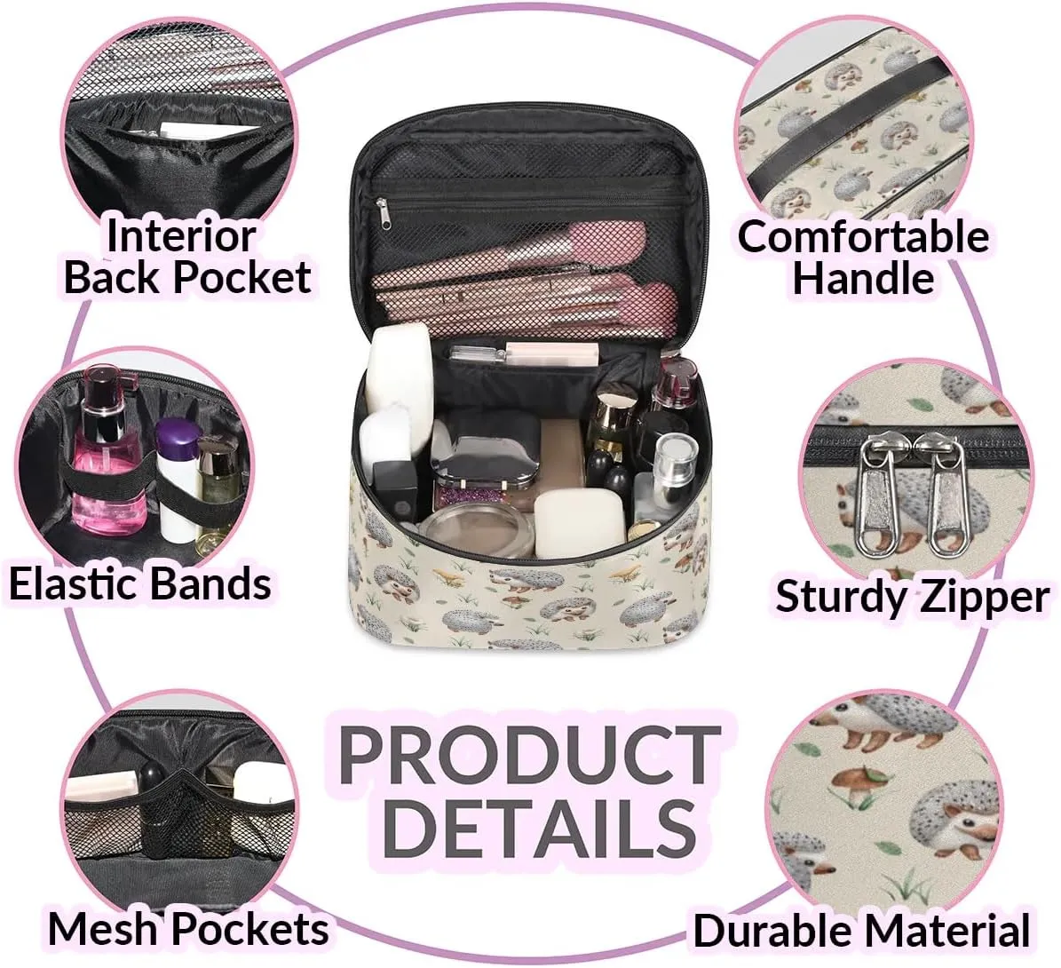 Hedgehogs Makeup Bag Small Cosmetic Bag for Women Travel Makeup Case Organizer Portable Zipper Make Up Brush Bag Cute Toiletry Bag Storage Bags with Handle