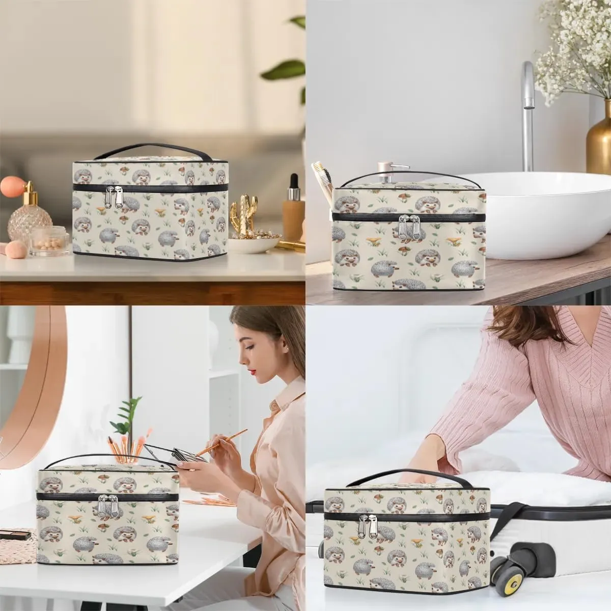 Hedgehogs Makeup Bag Small Cosmetic Bag for Women Travel Makeup Case Organizer Portable Zipper Make Up Brush Bag Cute Toiletry Bag Storage Bags with Handle