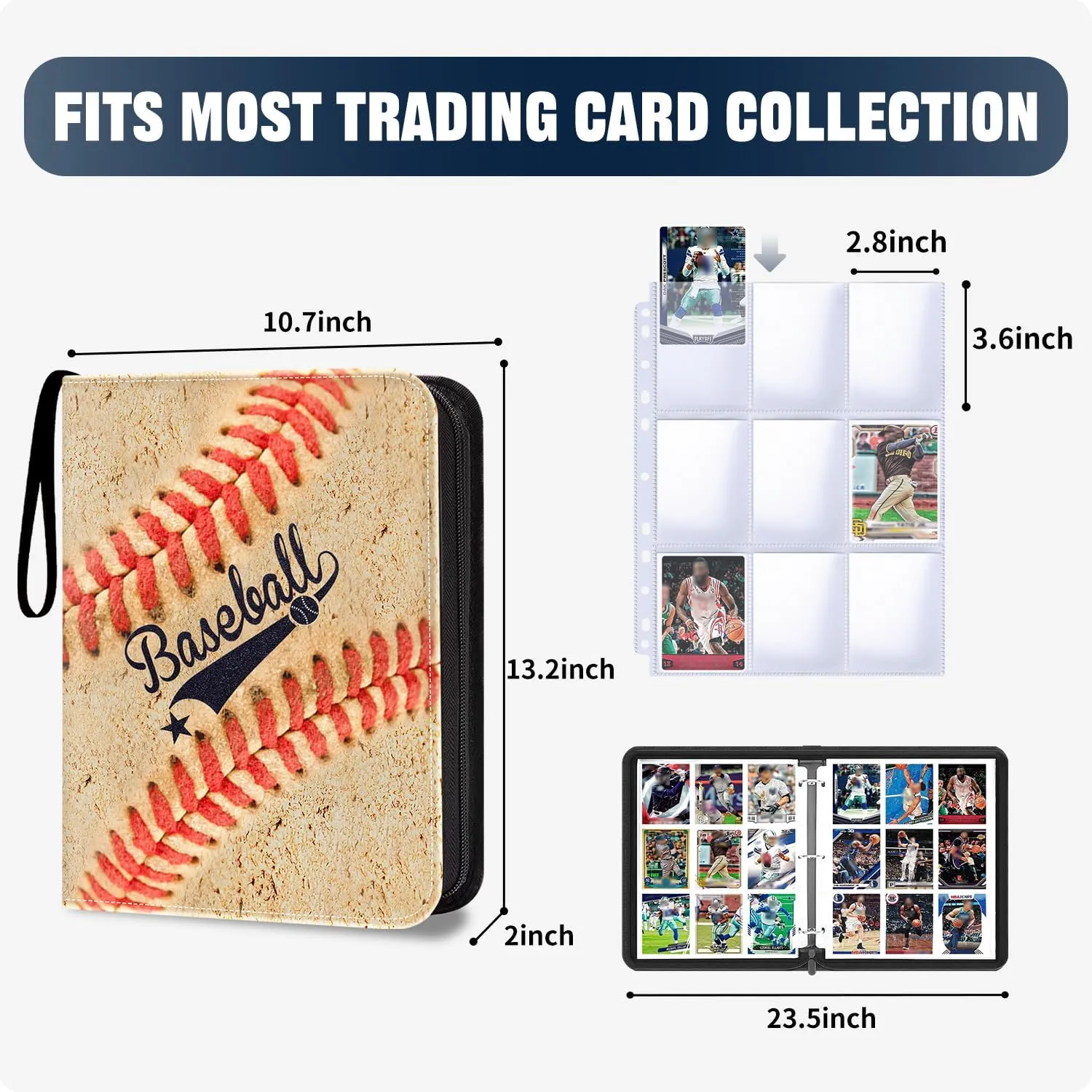 HESTECH Baseball Card Binder 9 Pocket,900 Capacity 3-Ring Binder with Protective Sleeves,Baseball Protectors Albums, Durable Organizer Case for Sports & Trading Cards Collection Storage