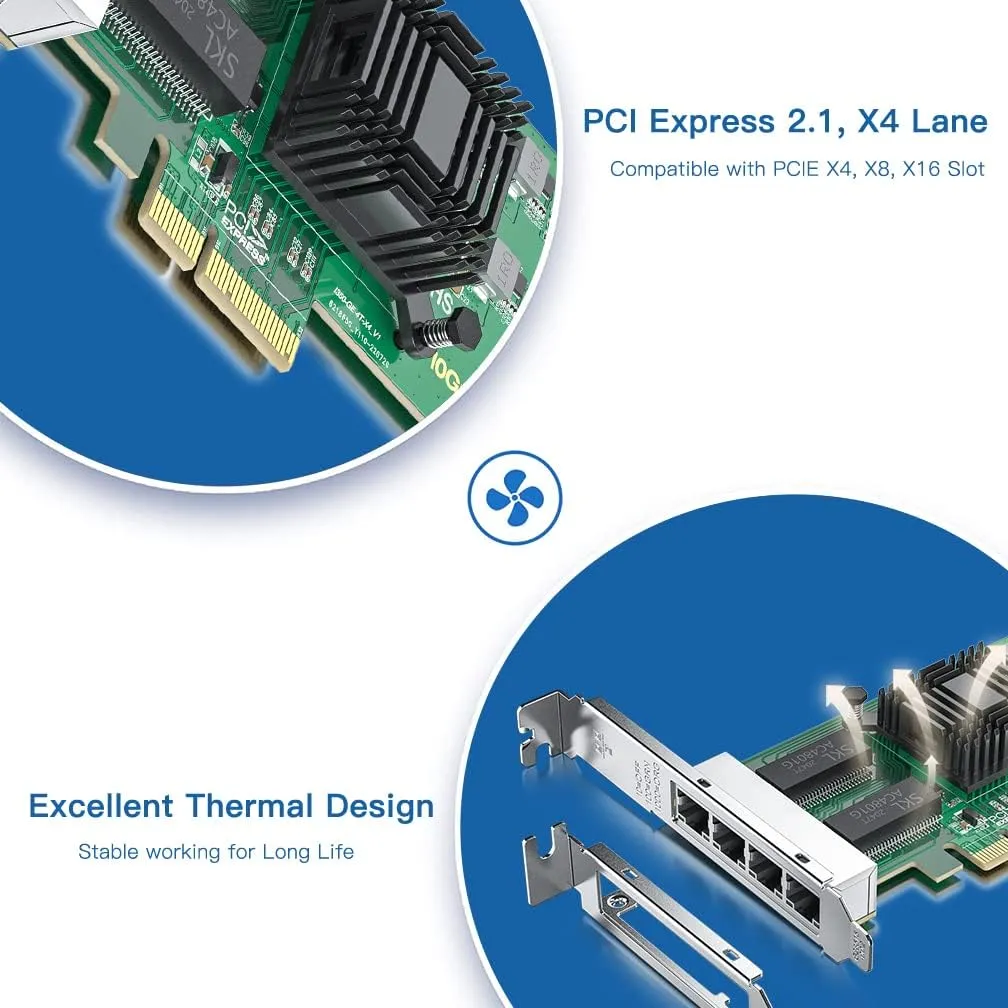 H!Fiber Gigabit 4 Port NIC with Intel I350 Chip, 1Gb Network Card Compare to Intel I350-T4 NIC, Quad RJ45 Ports, PCI Express 2.1 X4, Ethernet Card with Low Profile for Windows/Windows Server/Linux