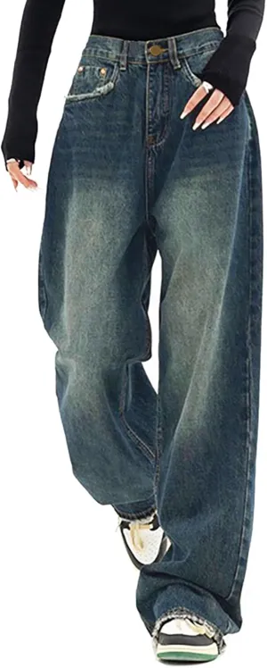 High Waist Baggy Jeans for Women Y2K Wide Leg Jeans Loose Vintage Boyfriend Denim Pants Blue