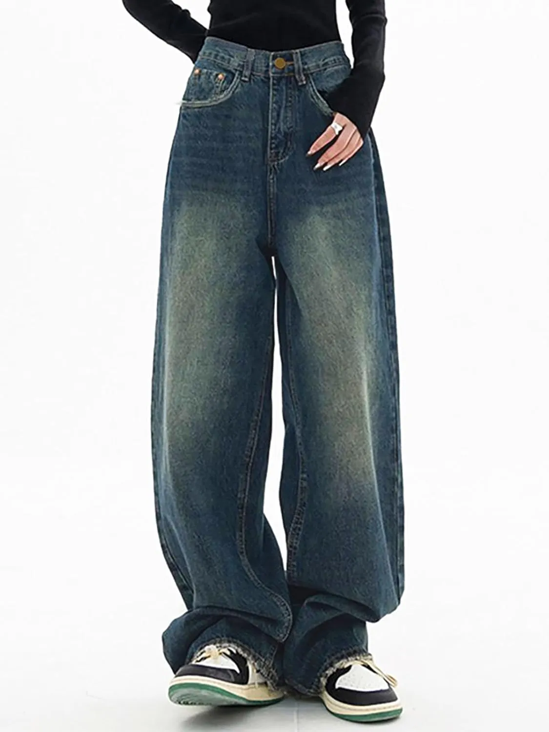 High Waist Baggy Jeans for Women Y2K Wide Leg Jeans Loose Vintage Boyfriend Denim Pants Blue