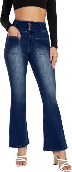 High Waisted for Women Stretch Classic Bootcut Flare Denin Jeans with Front Patch Pockets