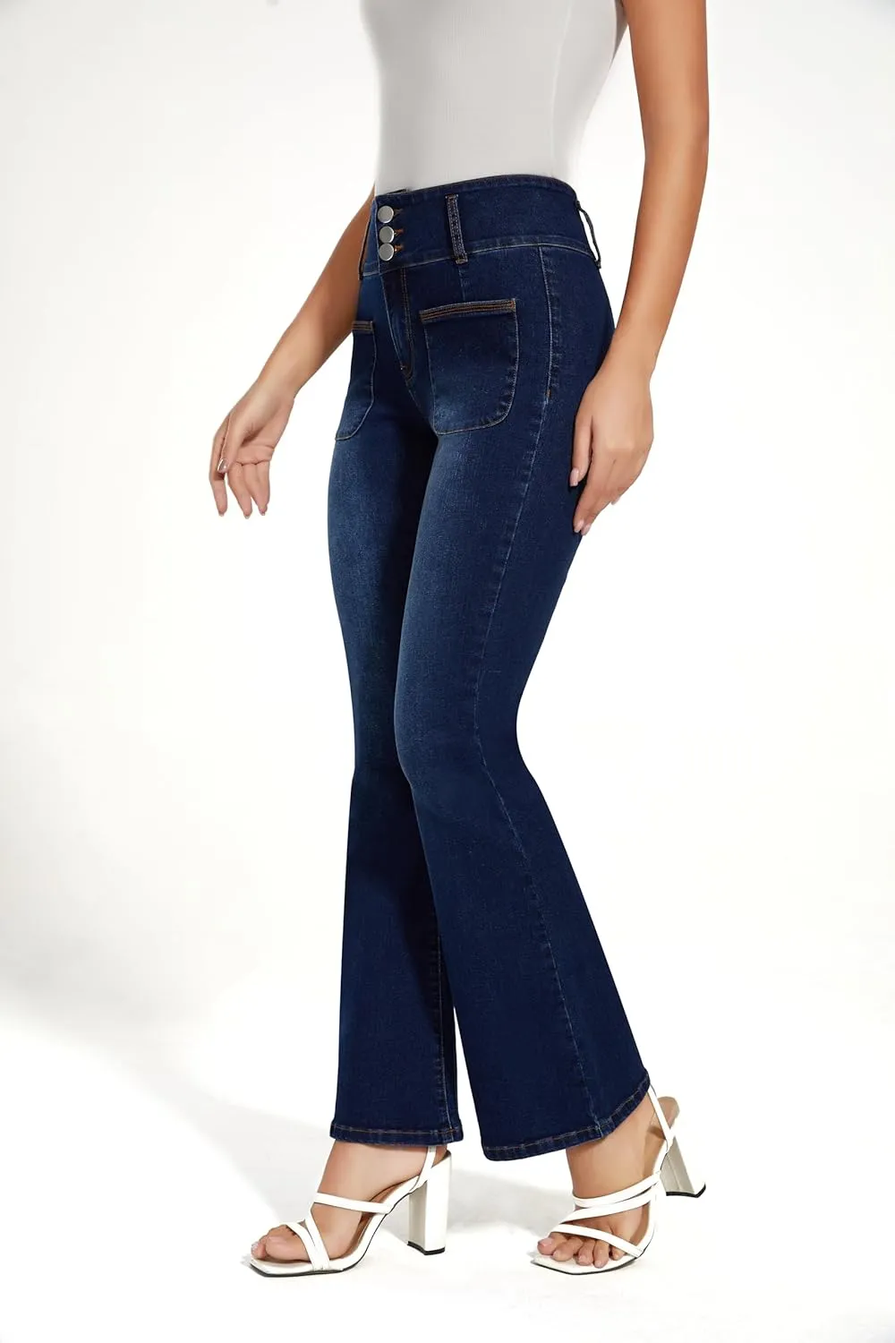 High Waisted for Women Stretch Classic Bootcut Flare Denin Jeans with Front Patch Pockets