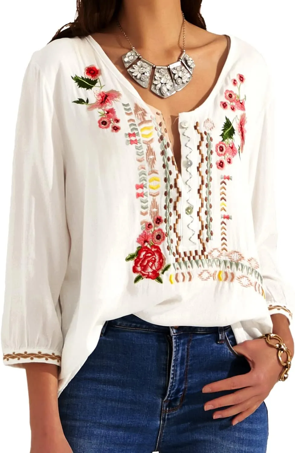 Higustar Mexican Tops for Women Embroidered Shirts Bohemian Hippie Clothes Tunic Fiesta Plus Size Boho Peasant Blouses