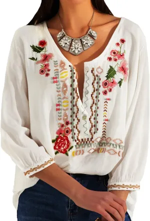 Higustar Mexican Tops for Women Embroidered Shirts Bohemian Hippie Clothes Tunic Fiesta Plus Size Boho Peasant Blouses