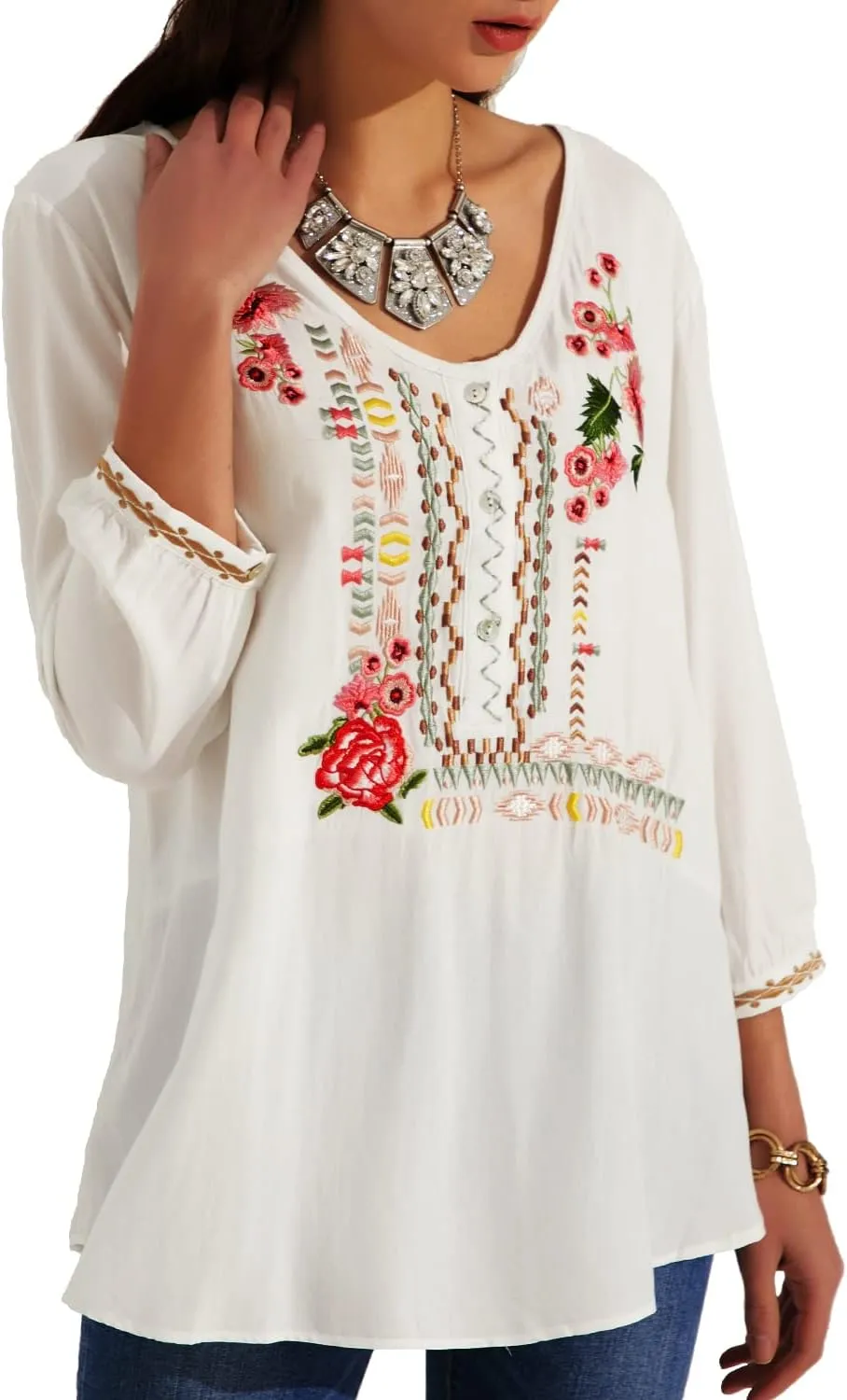 Higustar Mexican Tops for Women Embroidered Shirts Bohemian Hippie Clothes Tunic Fiesta Plus Size Boho Peasant Blouses