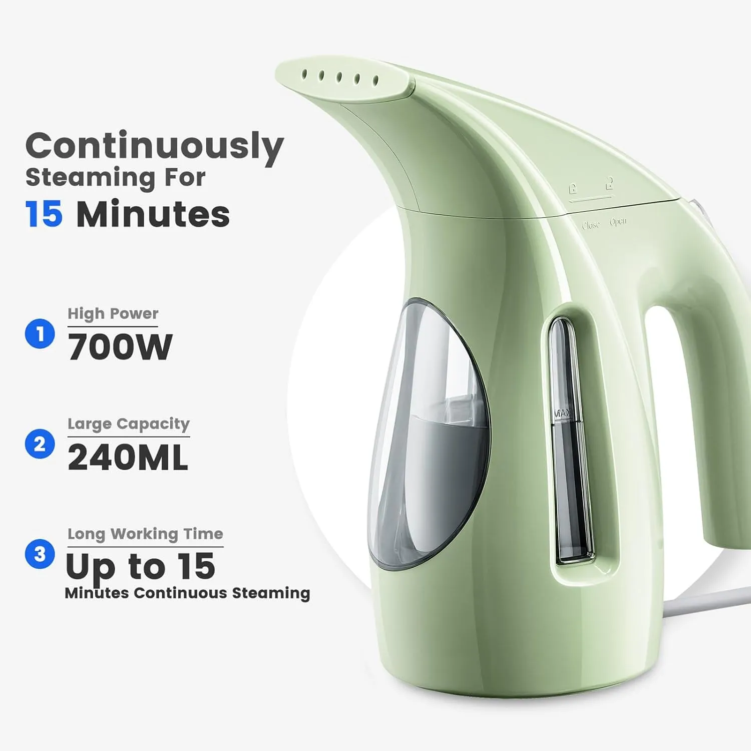 HiLIFE Steamer for Clothes, Portable Handheld Design, 240ml Big Capacity, 700W, Strong Penetrating Steam, Removes Wrinkle, for Home, Office and Travel(ONLY FOR 120V)(Green)