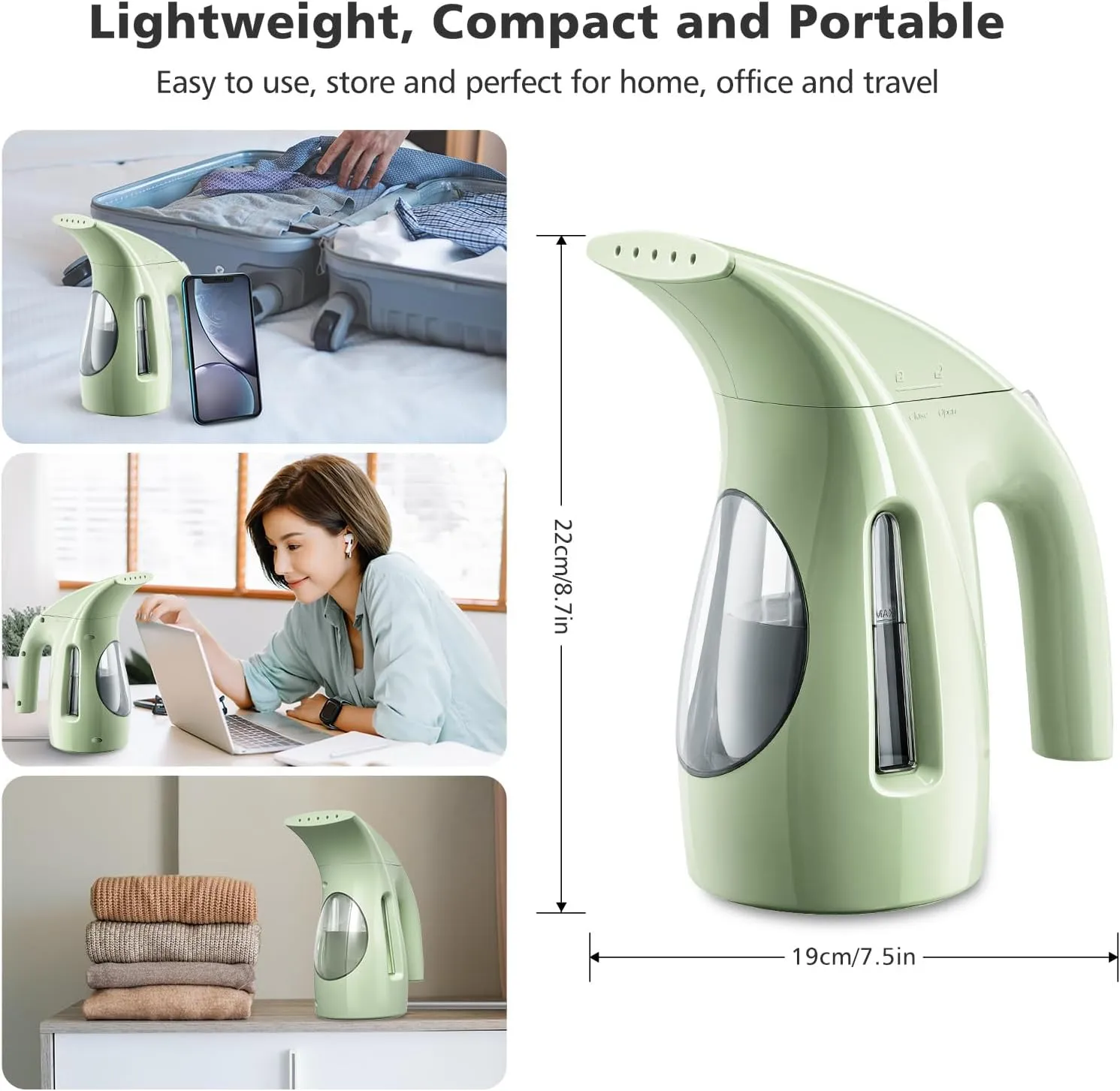 HiLIFE Steamer for Clothes, Portable Handheld Design, 240ml Big Capacity, 700W, Strong Penetrating Steam, Removes Wrinkle, for Home, Office and Travel(ONLY FOR 120V)(Green)