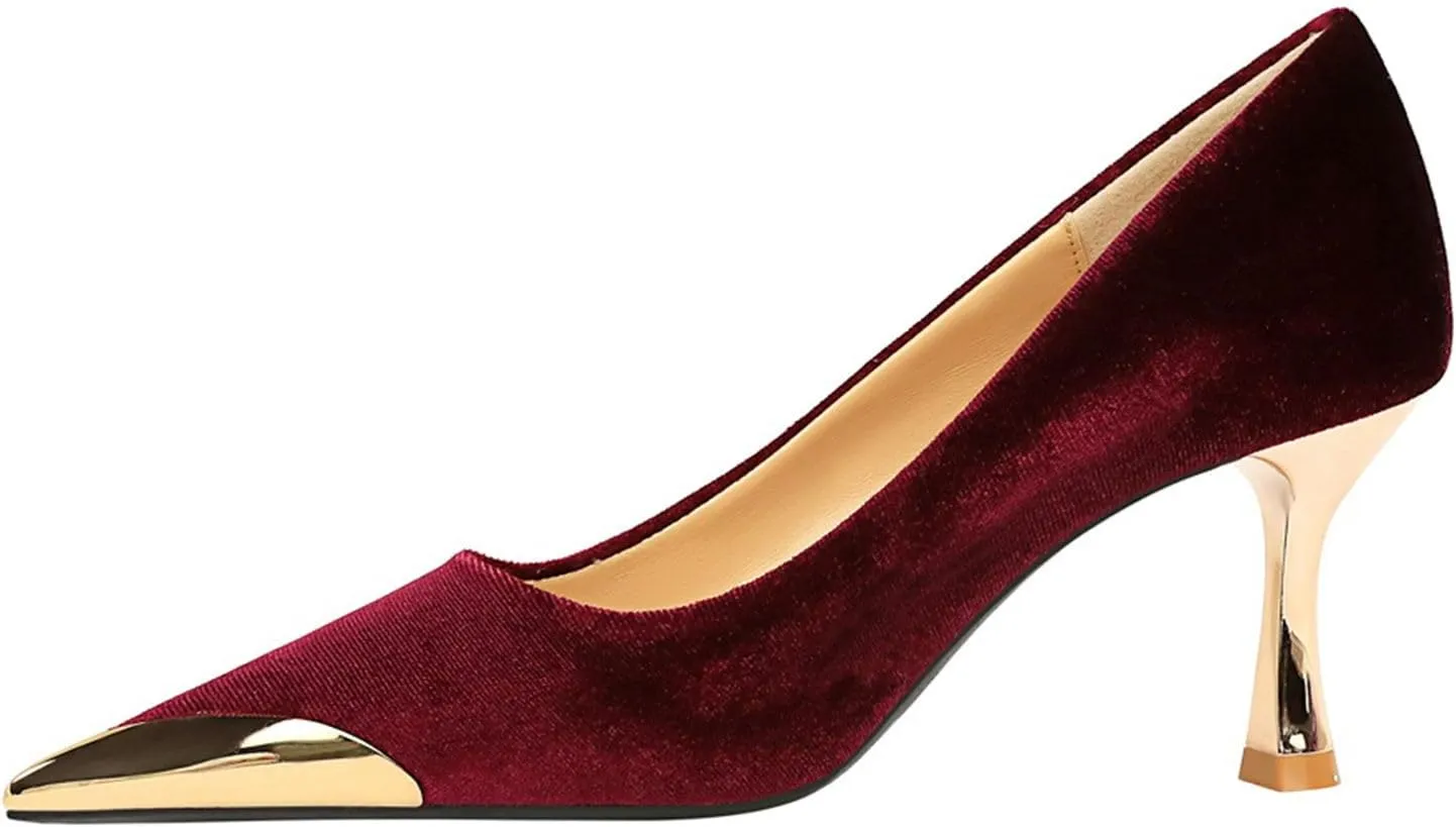 HIPPOSEUS Womens Metal Pointed Cap Toe Pumps Stiletto Party Prom Shoes Velvet Wedding Heels