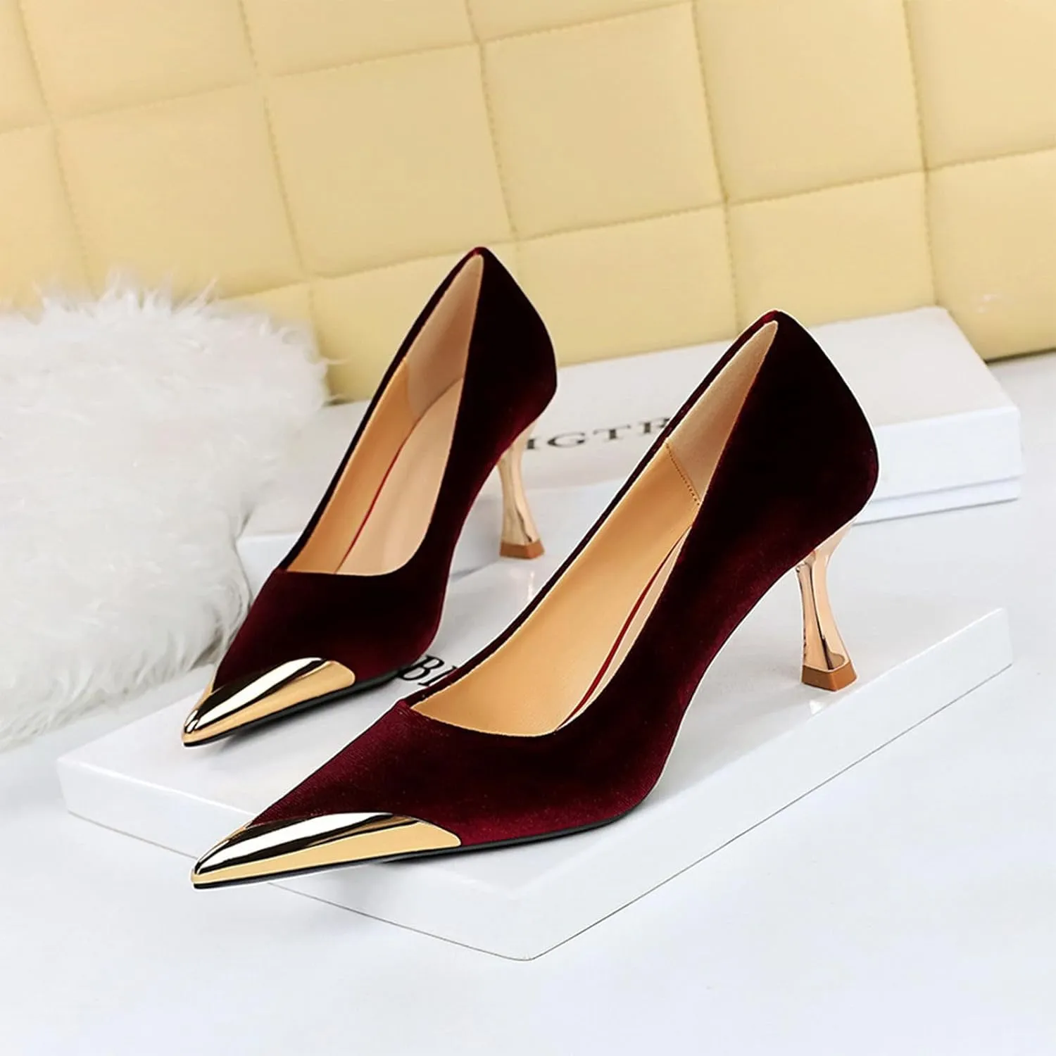 HIPPOSEUS Womens Metal Pointed Cap Toe Pumps Stiletto Party Prom Shoes Velvet Wedding Heels