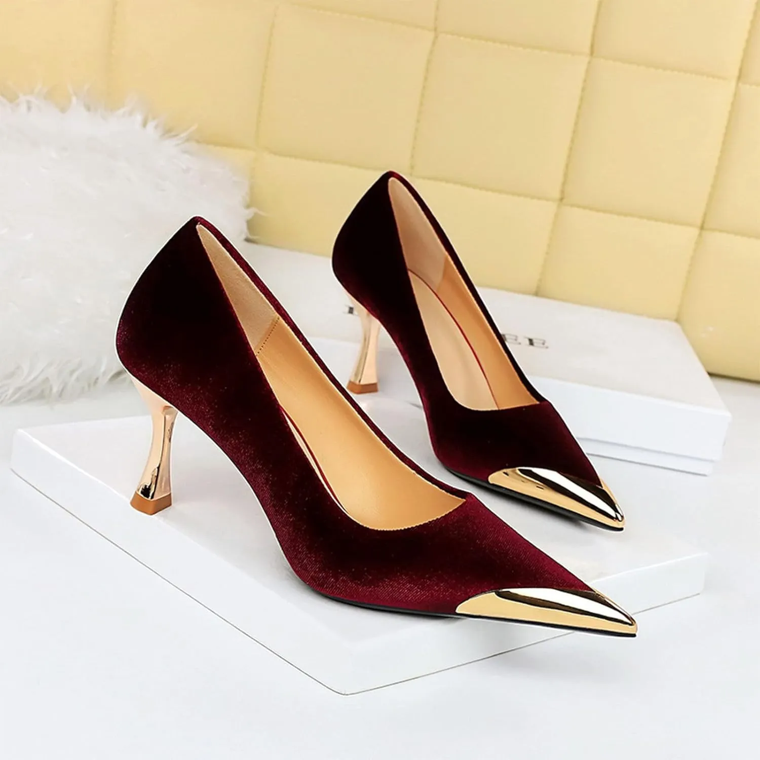 HIPPOSEUS Womens Metal Pointed Cap Toe Pumps Stiletto Party Prom Shoes Velvet Wedding Heels
