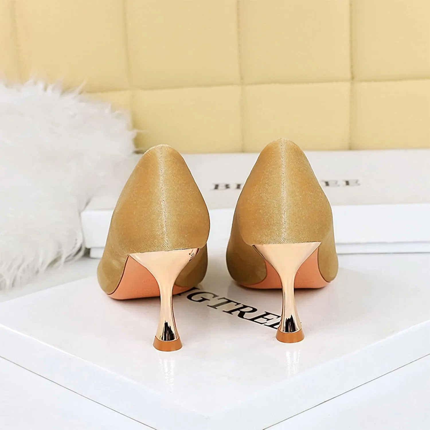 HIPPOSEUS Womens Metal Pointed Cap Toe Pumps Stiletto Party Prom Shoes Velvet Wedding Heels