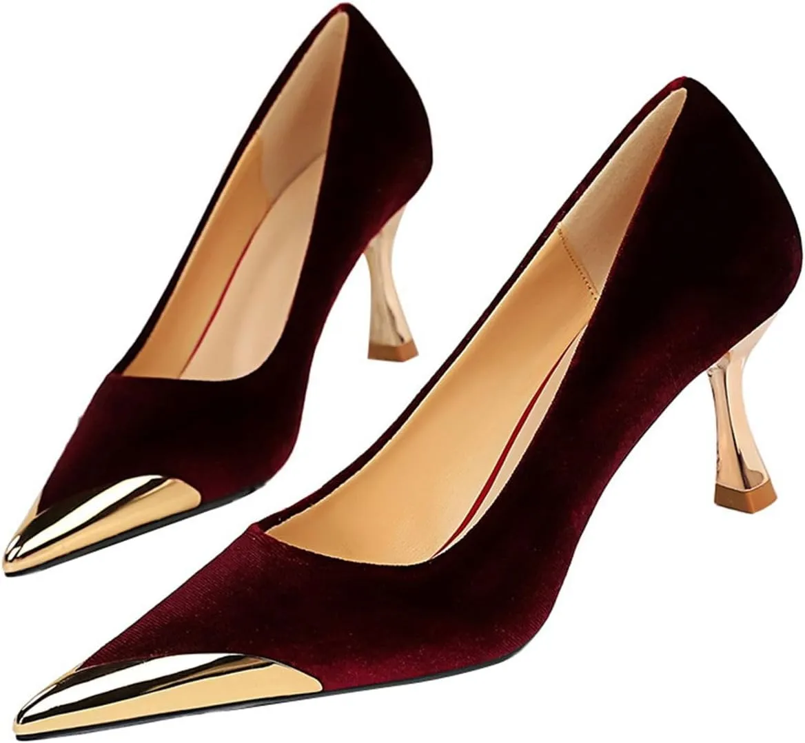 HIPPOSEUS Womens Metal Pointed Cap Toe Pumps Stiletto Party Prom Shoes Velvet Wedding Heels