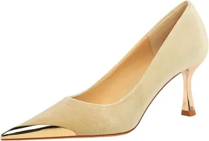 HIPPOSEUS Womens Metal Pointed Cap Toe Pumps Stiletto Party Prom Shoes Velvet Wedding Heels