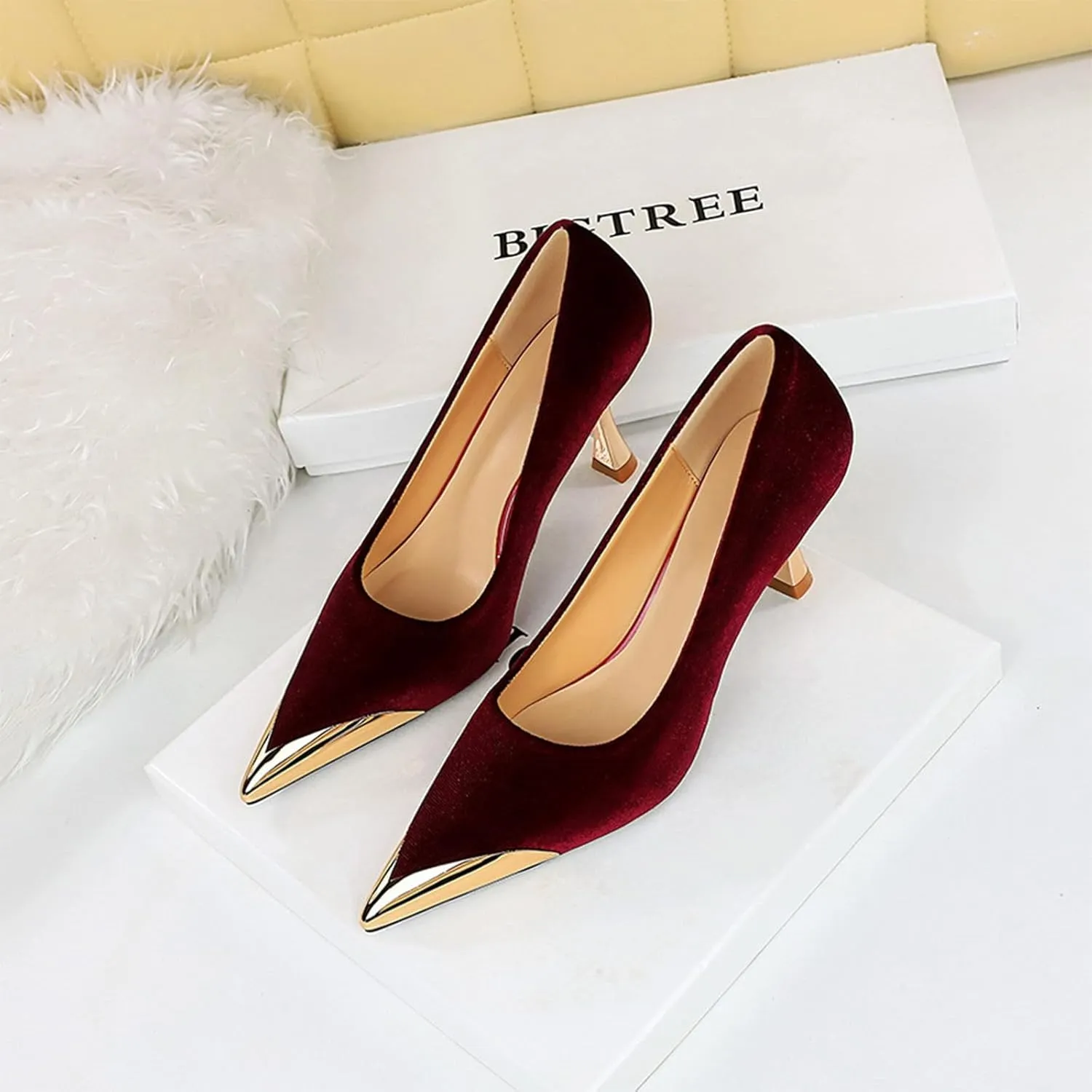 HIPPOSEUS Womens Metal Pointed Cap Toe Pumps Stiletto Party Prom Shoes Velvet Wedding Heels