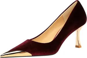 HIPPOSEUS Womens Metal Pointed Cap Toe Pumps Stiletto Party Prom Shoes Velvet Wedding Heels