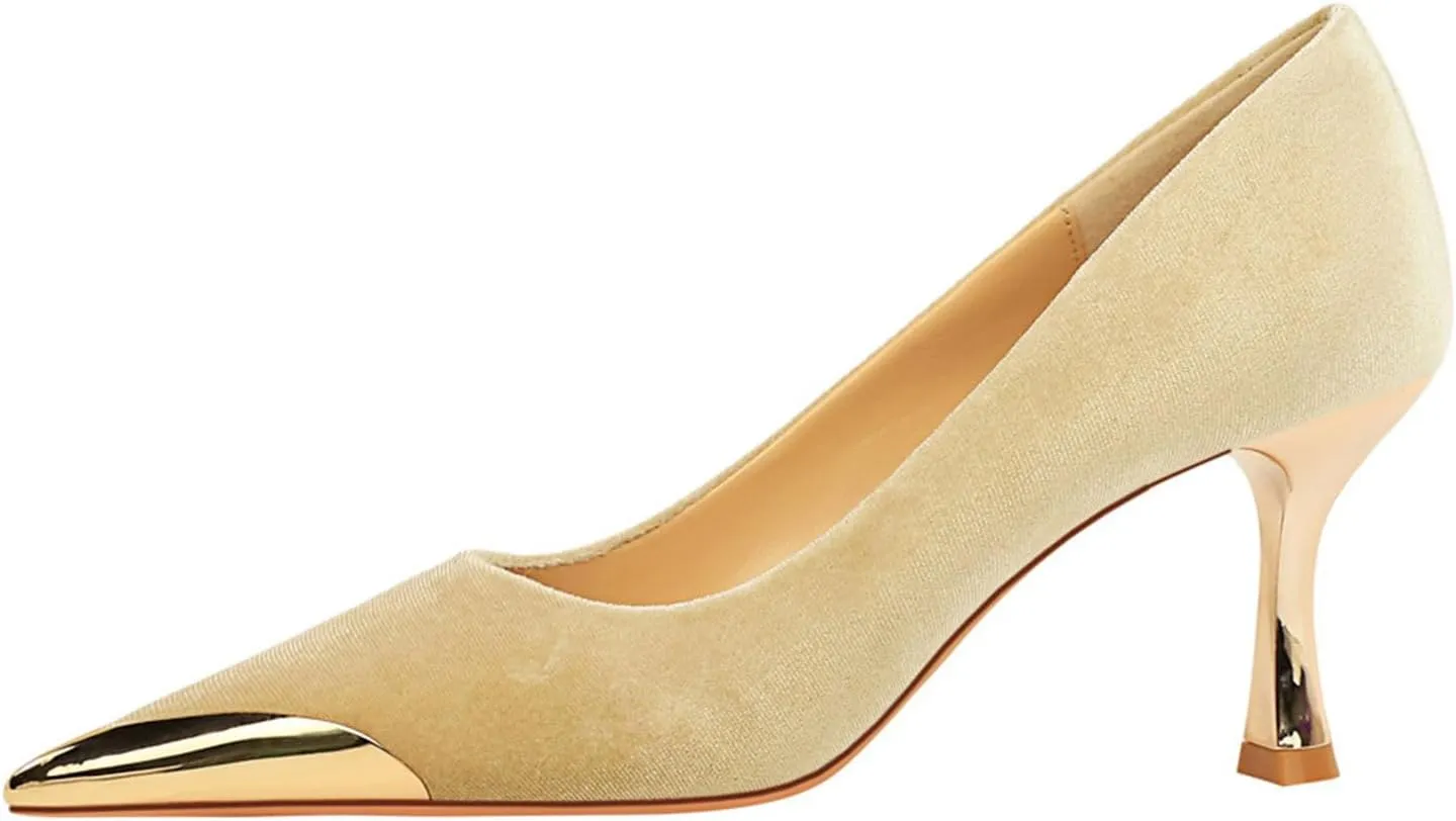 HIPPOSEUS Womens Metal Pointed Cap Toe Pumps Stiletto Party Prom Shoes Velvet Wedding Heels