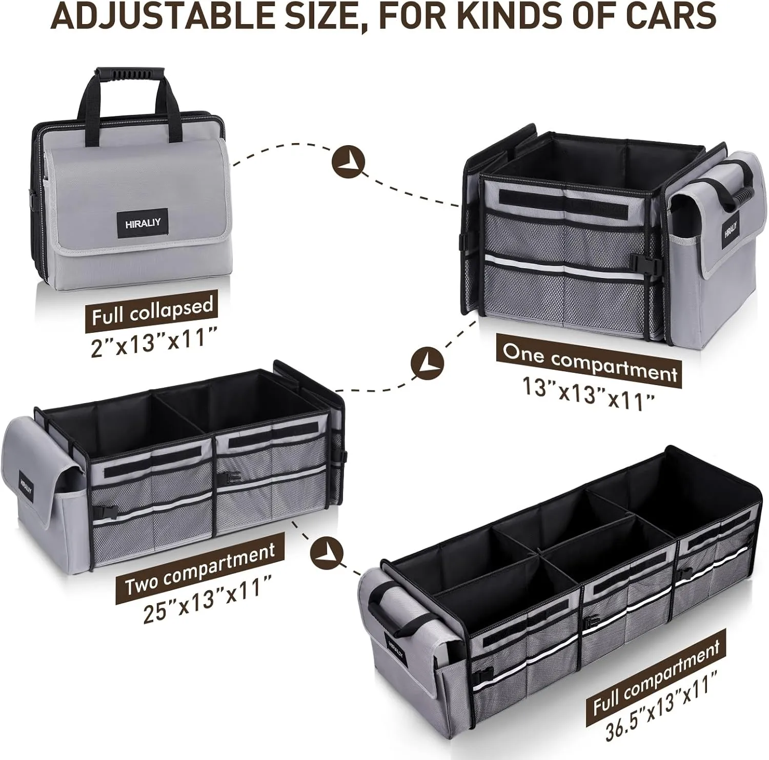 HIRALIY 4 in 1 Car Trunk Storage Organizer, Multi Compartment Collapsible Trunk Storage Box with Leakproof Insulated Bag for Car Truck SUV