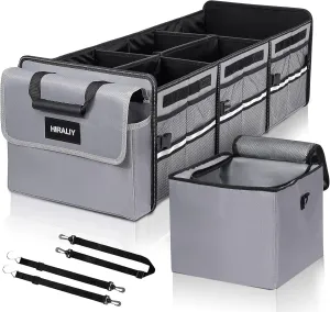 HIRALIY 4 in 1 Car Trunk Storage Organizer, Multi Compartment Collapsible Trunk Storage Box with Leakproof Insulated Bag for Car Truck SUV