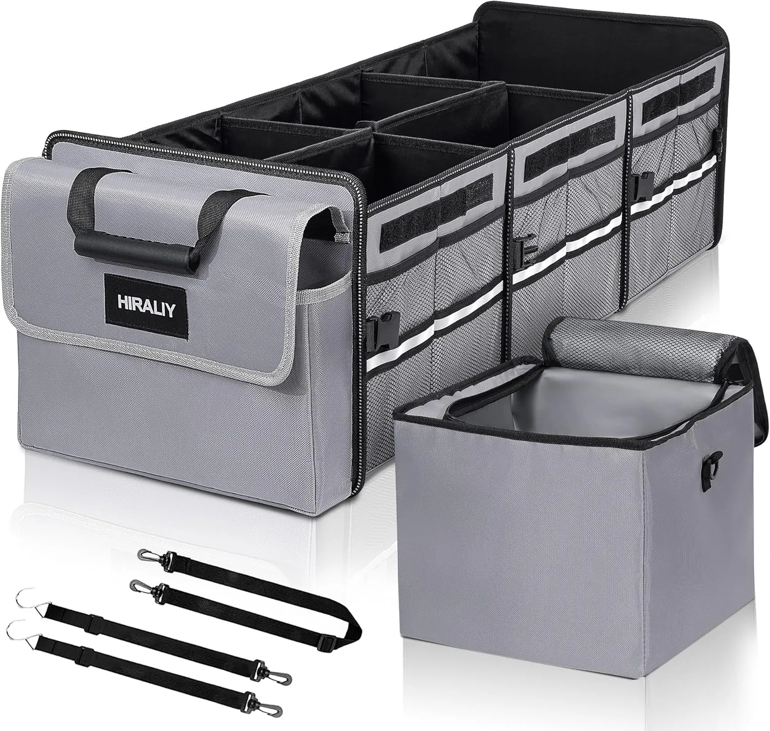 HIRALIY 4 in 1 Car Trunk Storage Organizer, Multi Compartment Collapsible Trunk Storage Box with Leakproof Insulated Bag for Car Truck SUV