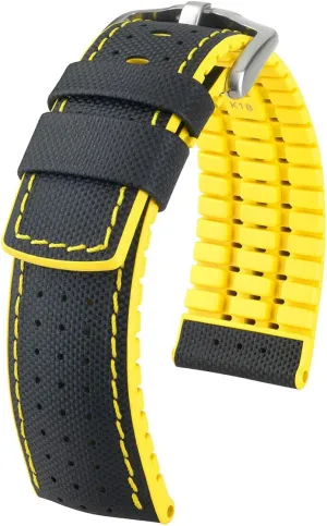 HIRSCH Robby Leather Watch Strap - Natural Rubber Core - Black / Yellow - 24mm