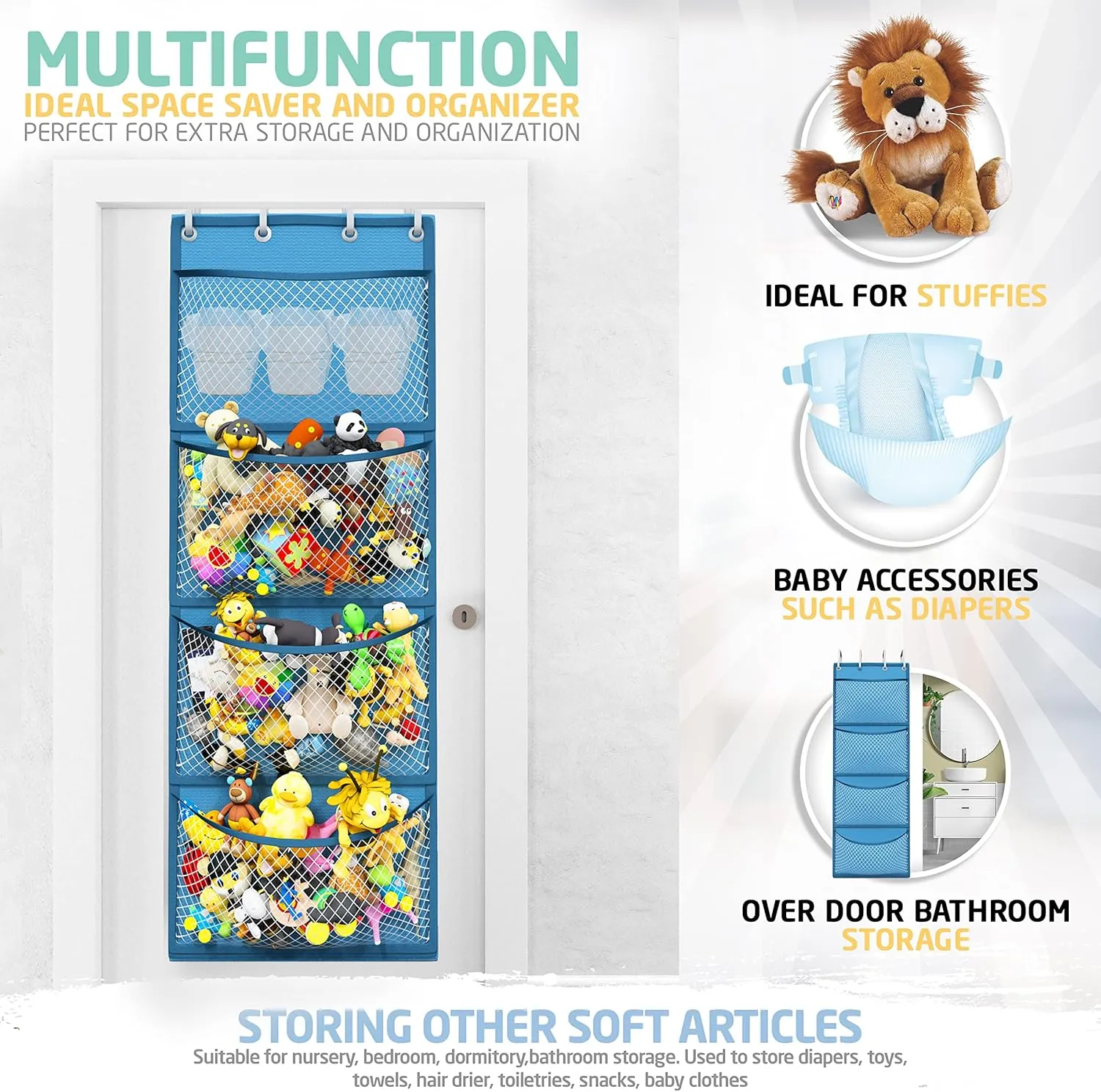Honeyera Storage for Stuffed Animal - Over Door Organizer for Stuffies, Baby Accessories, and Toy Plush/Easy Installation with Breathable Hanging Pockets