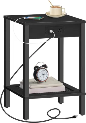 HOOBRO Side Table with Charging Station, End Table with USB Ports and Outlet, Nightstand with Storage Shelf, Faux Rattan Decoration, for Living Room, Bedroom, Black BK91UBZ01