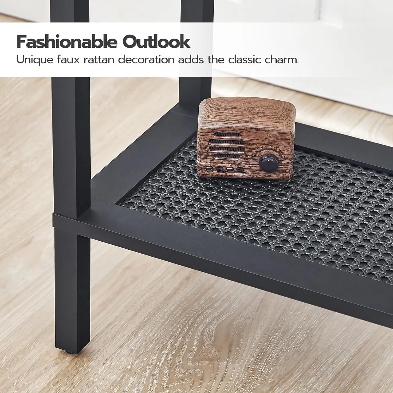 HOOBRO Side Table with Charging Station, End Table with USB Ports and Outlet, Nightstand with Storage Shelf, Faux Rattan Decoration, for Living Room, Bedroom, Black BK91UBZ01