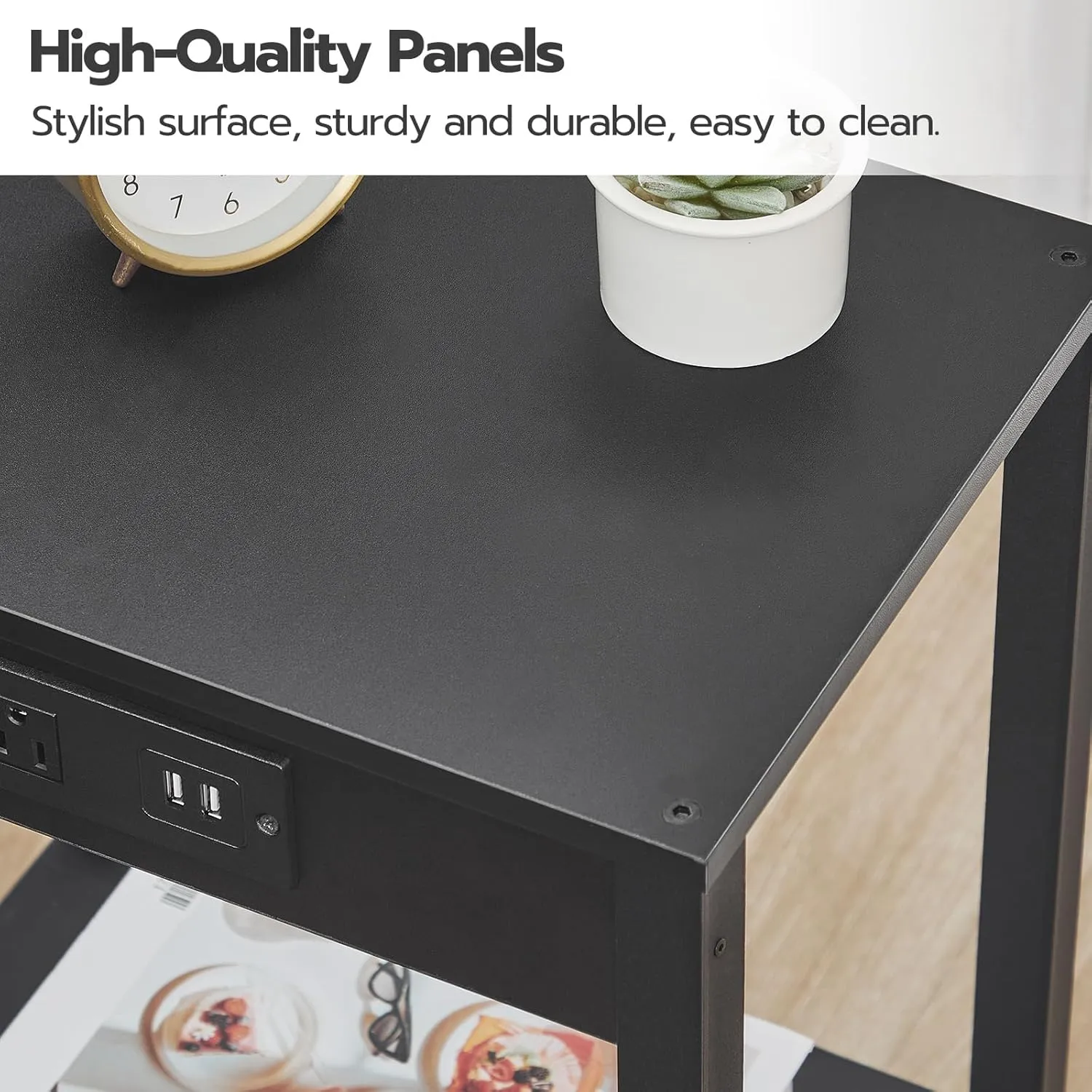 HOOBRO Side Table with Charging Station, End Table with USB Ports and Outlet, Nightstand with Storage Shelf, Faux Rattan Decoration, for Living Room, Bedroom, Black BK91UBZ01