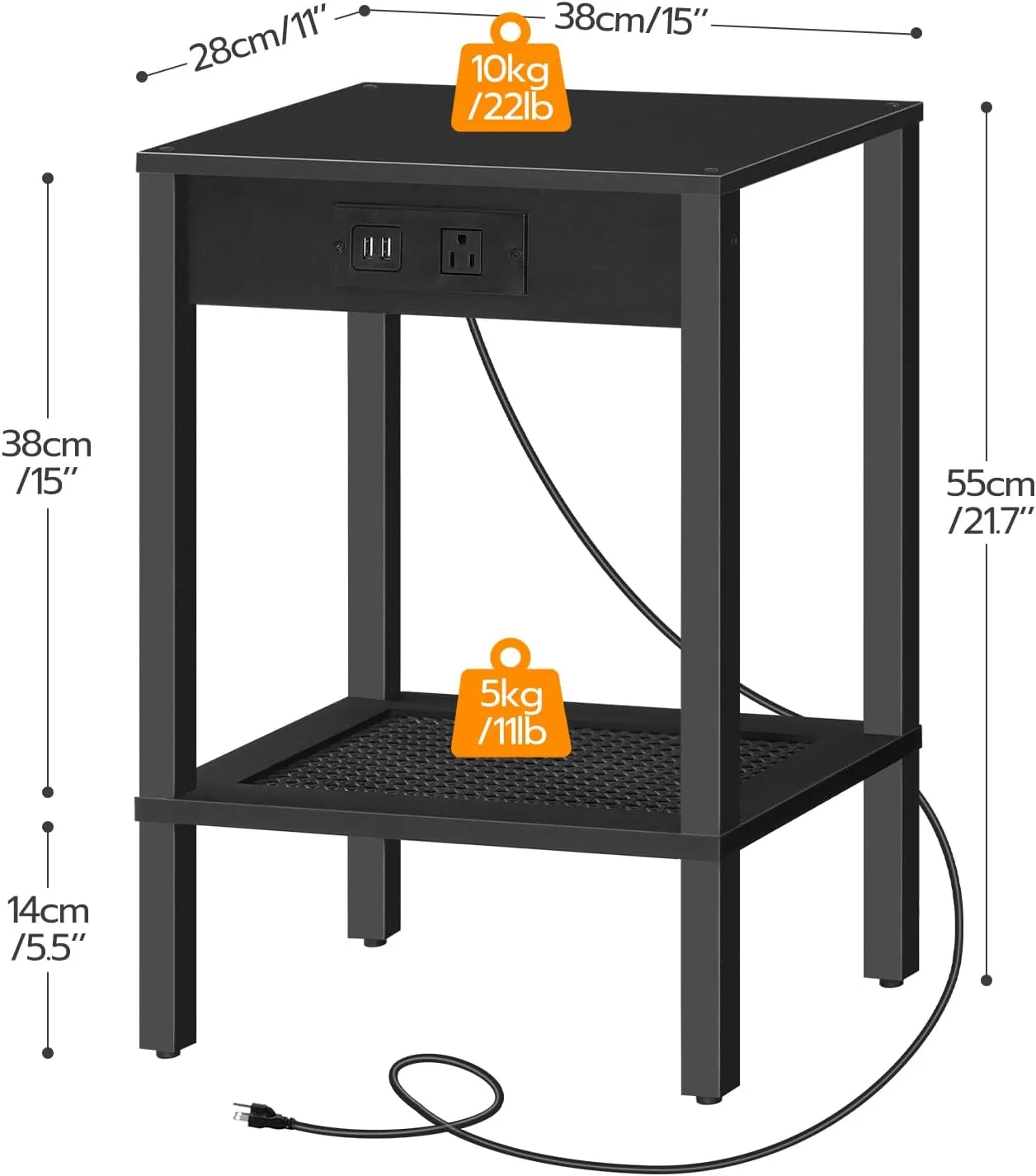 HOOBRO Side Table with Charging Station, End Table with USB Ports and Outlet, Nightstand with Storage Shelf, Faux Rattan Decoration, for Living Room, Bedroom, Black BK91UBZ01